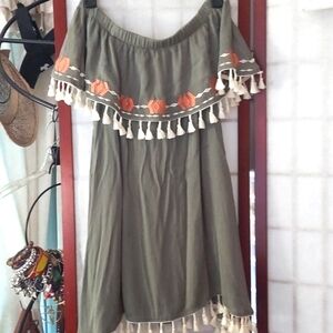 Miami Off- Shoulder Ruffle Tassel Bohemian Hippy Embroidered Tunic Sz XS